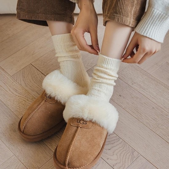 Women's Wool Socks Winter Warm Mid-Calf Knit Thermal Fleece-Lined Solid Color Long Socks