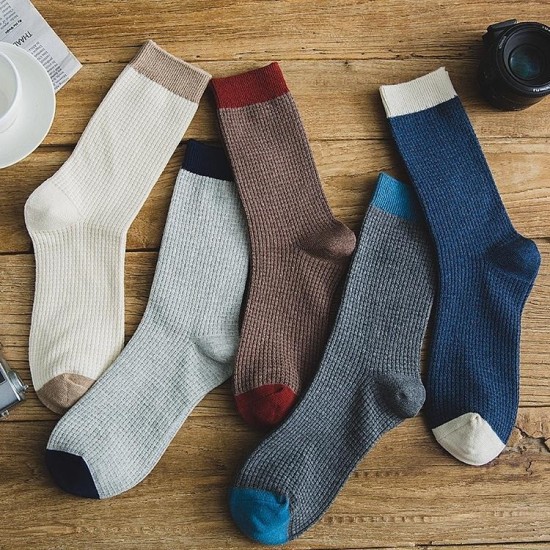 Men's Cotton Mid-Calf Socks | Plaid Pattern & Color Block Design | Breathable Casual Dress Socks